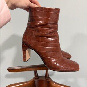 Brown Croc-Embossed Ankle Boots
